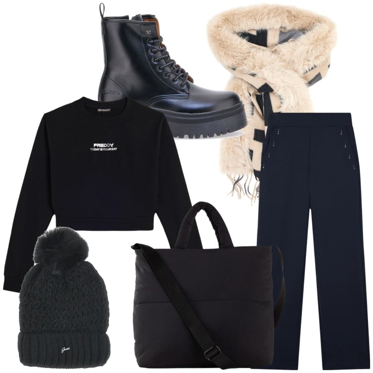 Outfit donna - Al calduccio. Stile Basic per Tutti i giorni. Abbinamento con shopping bag, pantaloni, felpe, anfibi, cappe, berretti.