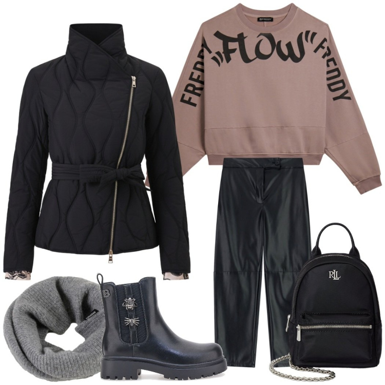 Outfit donna - Urban style a dicembre. Stile Urban per Tutti i giorni. Abbinamento con piumini, pantaloni, felpe, zaini, scaldacollo, stivaletti chelsea.