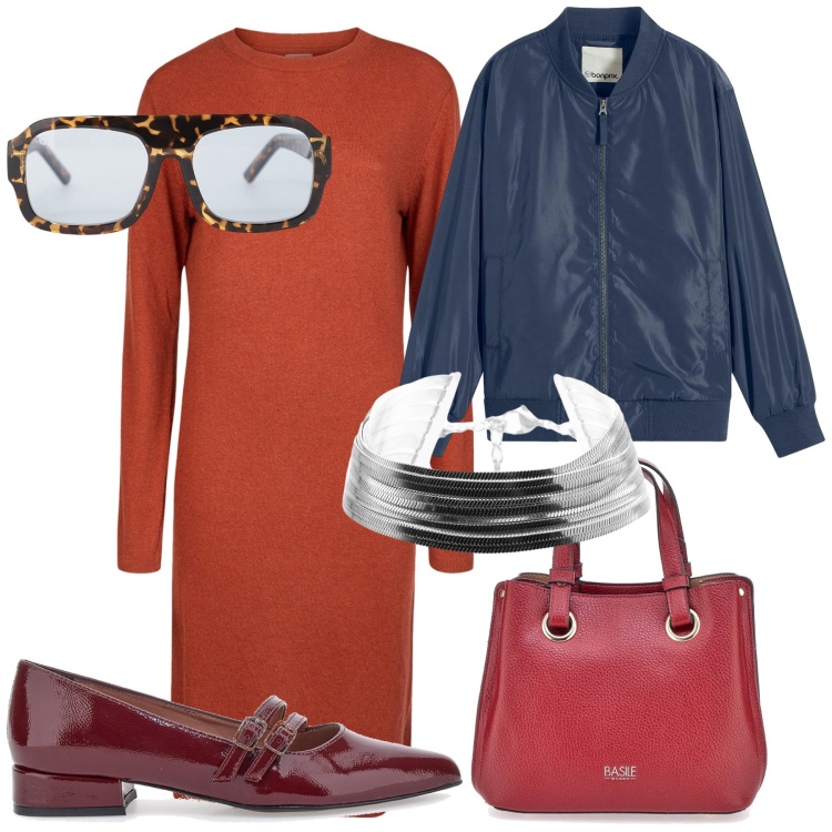 Outfit donna - Città. Stile Urban per Tutti i giorni. Abbinamento con bomber, occhiali da sole, braccialetti, vestiti midi/longuette, ballerine, borse a mano.