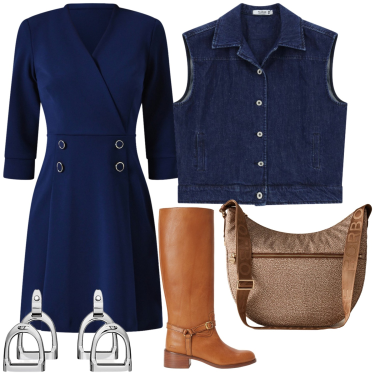 Outfit donna - In ufficio in blu. Stile Trendy per Ufficio. Abbinamento con gilet, vestiti corti, borse a spalla, orecchini, stivali.