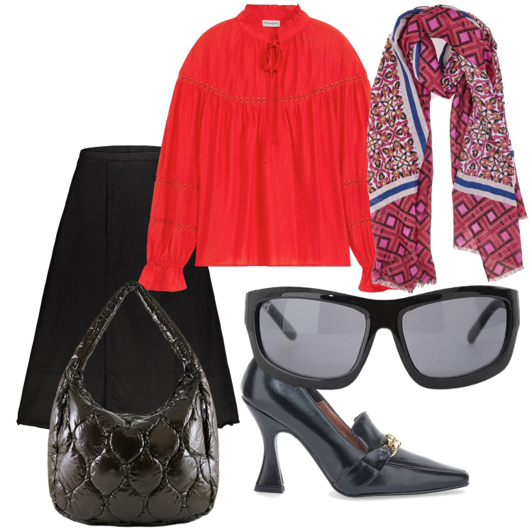 Outfit donna - La blusa che fa Natale. Stile Urban per Ufficio. Abbinamento con bluse, occhiali da sole, borse tote, gonne lunghe, décolleté, foulard.