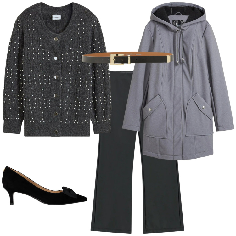 Outfit donna - Un tocco di luce. Stile Romantica per Tutti i giorni. Abbinamento con parka, cardigans, pantaloni, cinture, décolleté.