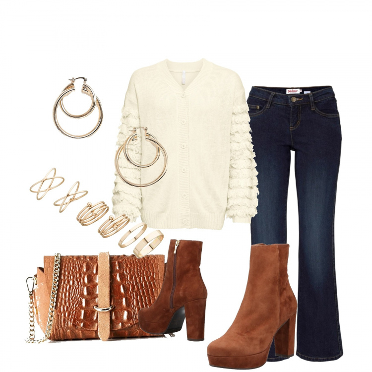 Outfit donna - Stile boho. Stile Etnico per Tutti i giorni. Abbinamento con jeans bootcut, cardigan con frange bianco, anello oro, stivali e anfibi, pochette, orecchini a scatto in denim oro.