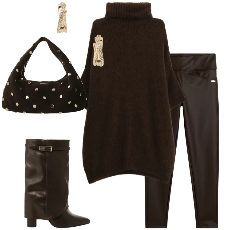 Outfit donna - Dicembre monochrome. Stile Casual chic per Tutti i giorni. Abbinamento con stivali, borse a spalla, maglieria, leggings, orecchini.