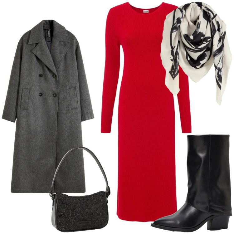 Outfit donna - Total look #2298792. Stile Casual chic per Serata fuori. Abbinamento con vestiti, stivali, borse a mano, foulard, cappotti.