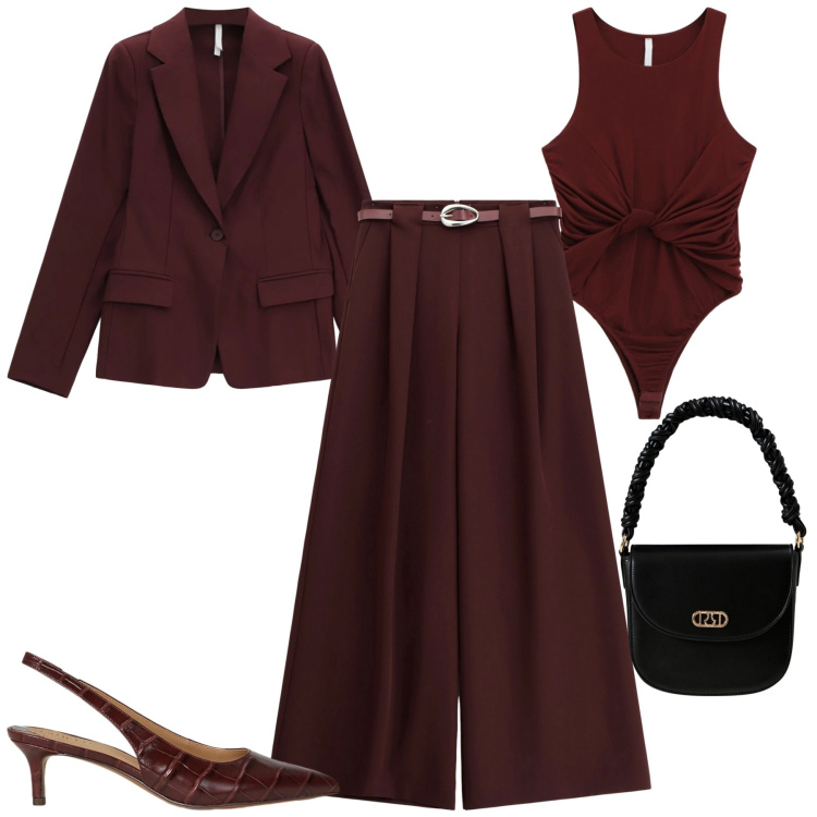 Outfit donna - Dicembre. Stile Urban per Tutti i giorni. Abbinamento con borse a mano, top, pantaloni a palazzo, blazer, décolleté.