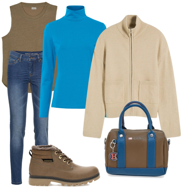 Outfit donna - Total look #2298798. Stile Urban per Tutti i giorni. Abbinamento con cardigans, jeans skinny, maglieria, stivaletti, borse sportive, top.