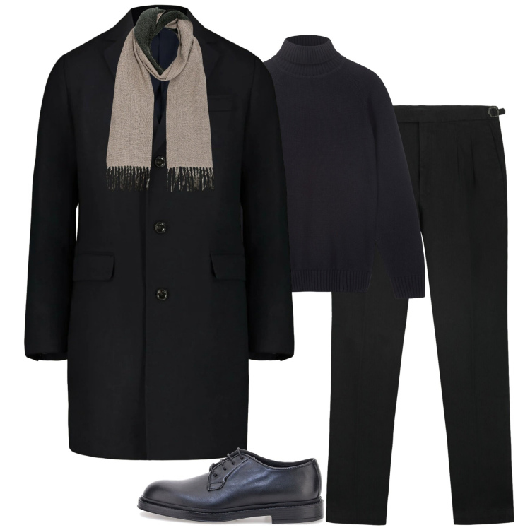 Outfit uomo - Total black. Stile Business/Elegante per Serata speciale. Abbinamento con sciarpe, pullovers, cappotti, scarpe stringate, pantaloni.