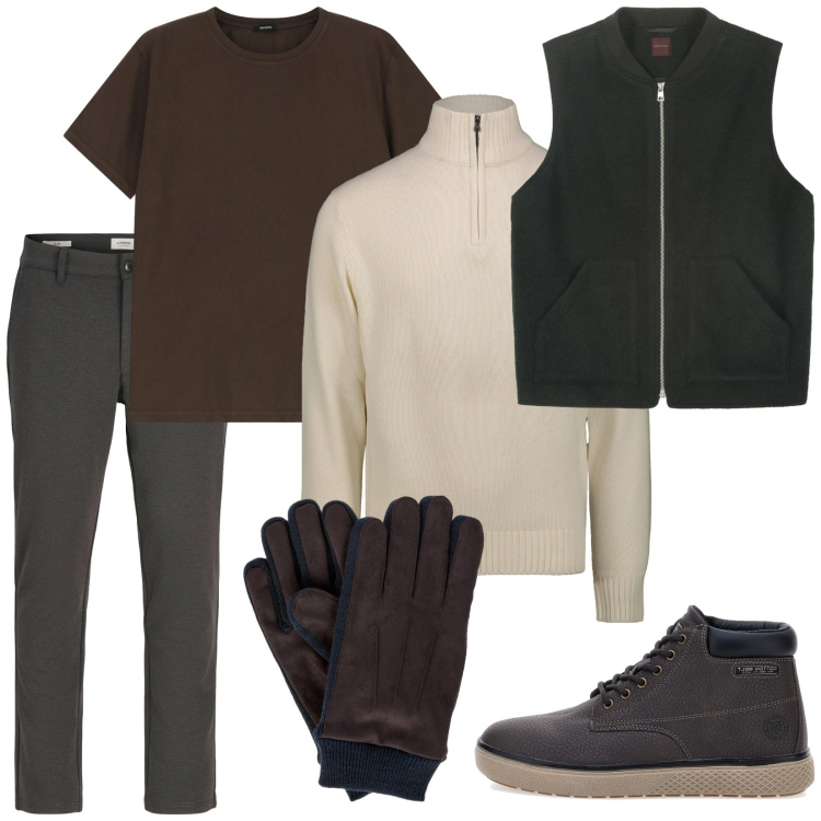 Outfit uomo - Total look #2298805. Stile Casual per Tutti i giorni. Abbinamento con pantaloni chino, t-shirt, guanti, maglieria, sneakers, piumini.