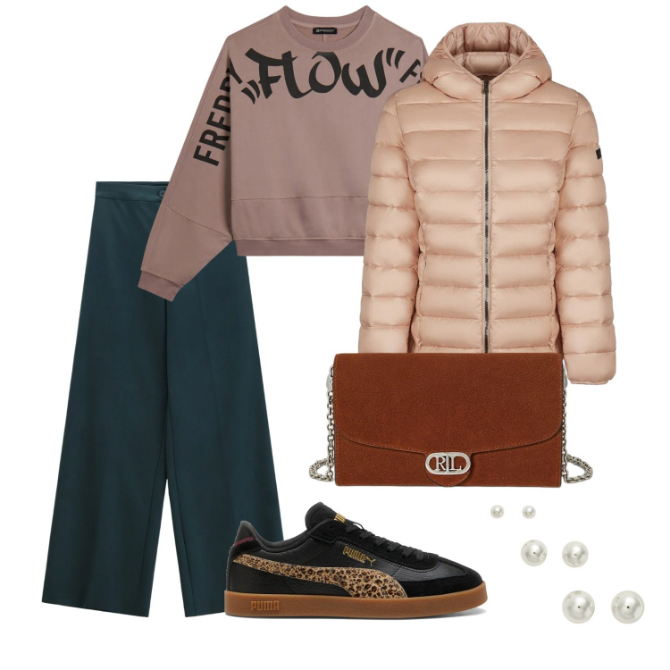 Outfit donna - Commissioni veloci. per Tutti i giorni. Abbinamento con pantaloni a palazzo, felpe, orecchini, borse a tracolla, piumini, sneakers.