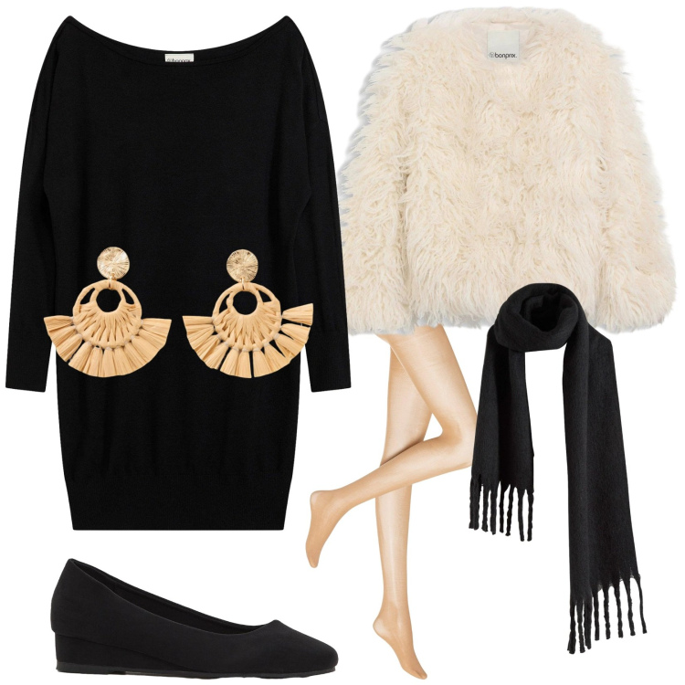 Outfit donna - Bonprix party. Stile Glamour per Serata fuori. Abbinamento con ecopellicce, collant, orecchini, sciarpe, vestiti asimmetrici, décolleté.