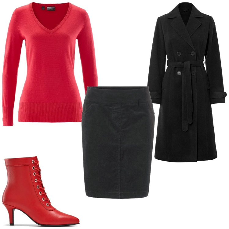 Outfit femme - Rouge. Style Basique pour Tous les jours. Assortir avec jupes longues, pulls, bottines, imperméable.