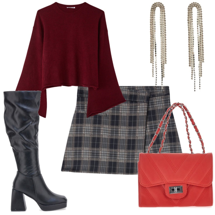 Outfit donna - Terranova Xmas 2025 : la vigilia. Stile Trendy per Serata fuori. Abbinamento con maglieria, minigonne, orecchini, borse a tracolla, stivali.