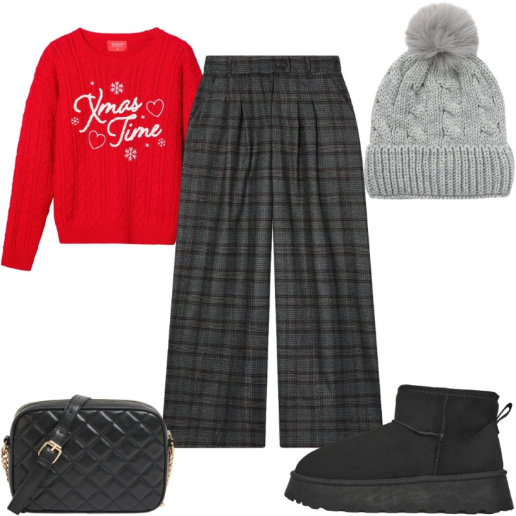 Outfit donna - Terranova Xmas : il maglione di Natale. Stile Trendy per Tutti i giorni. Abbinamento con maglieria, pantaloni, berretti, stivaletti, borse a tracolla.
