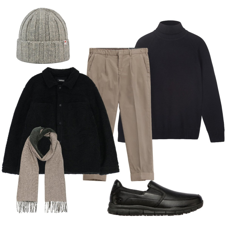 Outfit uomo - In città. Stile Trendy per Tutti i giorni. Abbinamento con cappotti, pantaloni chino, berretti, scarpe stringate, sciarpe, pullovers.