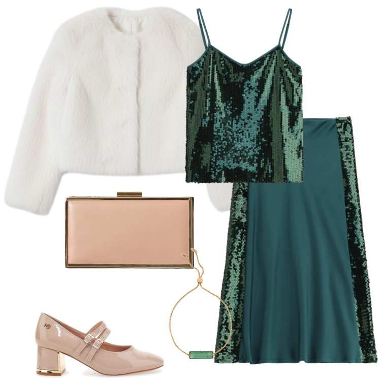 Outfit donna - Serata in verde. Stile Chic per Serata fuori. Abbinamento con gonne lunghe, top, pochette, ecopellicce, braccialetti, décolleté.