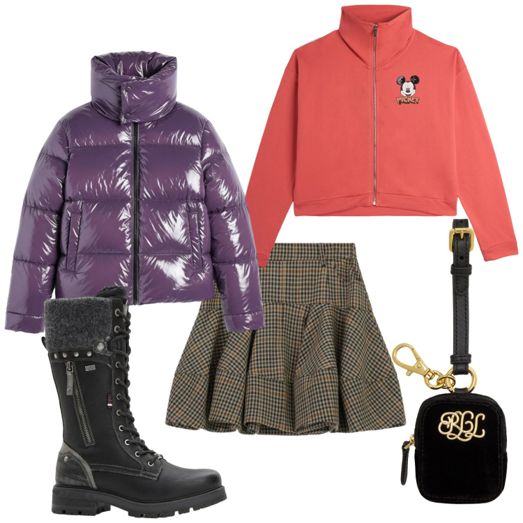 Outfit donna - Preppy di giorno. Stile Preppy per Tutti i giorni. Abbinamento con stivali, minigonne, felpe, pochette, piumini.