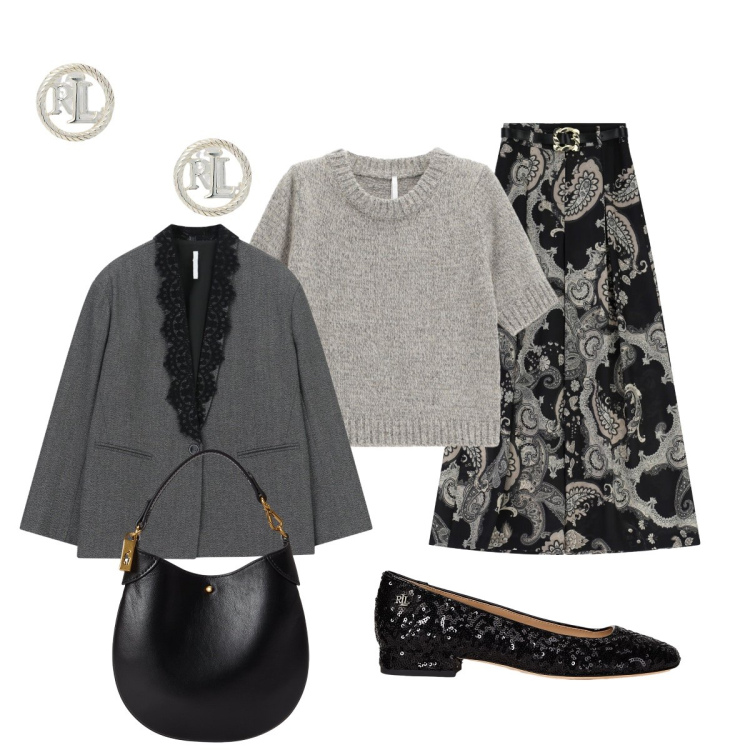 Outfit donna - Cena aziendale. Stile Chic per Serata fuori. Abbinamento con gonne lunghe, blazer, maglieria, ballerine, orecchini, pochette.