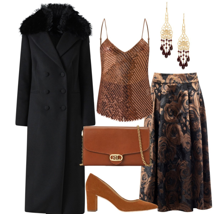 Outfit donna - Serata luccicante. Stile Glamour per Serata fuori. Abbinamento con canottiere, cappotti, gonne longuette, borse a tracolla, décolleté, orecchini.