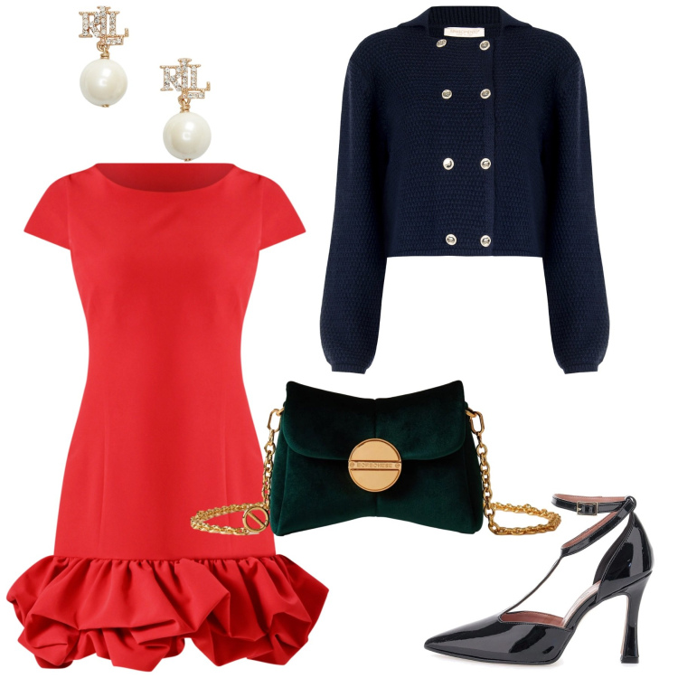 Outfit donna - Qualcosa di rosso. Stile Chic per Serata fuori. Abbinamento con vestiti, blazer, borse a tracolla, orecchini, décolleté.