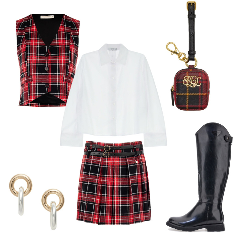 Outfit donna - Quadretti scozzesi x le feste. Stile Preppy per Tutti i giorni. Abbinamento con camicie, minigonne, gilet, orecchini, pochette, stivali.