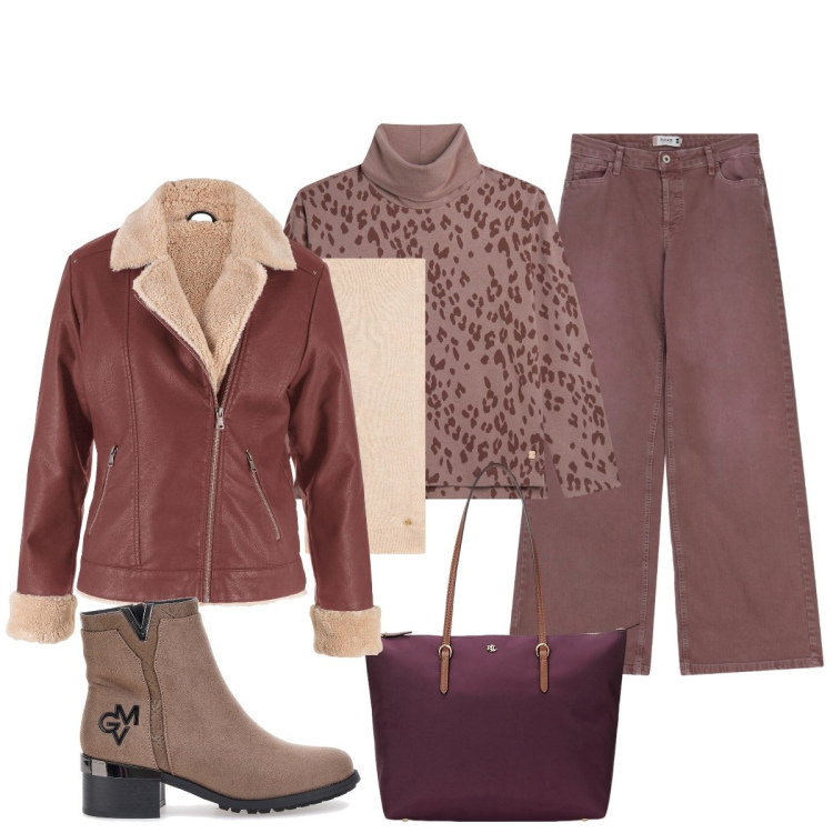 Outfit donna - Color amarena. Stile Urban per Tutti i giorni. Abbinamento con bomber, pantaloni a palazzo, felpe, sciarpe, borse tote, stivaletti.