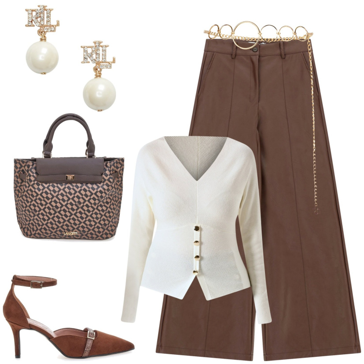 Outfit donna - Total look #2298873. Stile Chic per Serata fuori. Abbinamento con pantaloni a palazzo, maglieria, cinture, orecchini, décolleté, borse a mano.