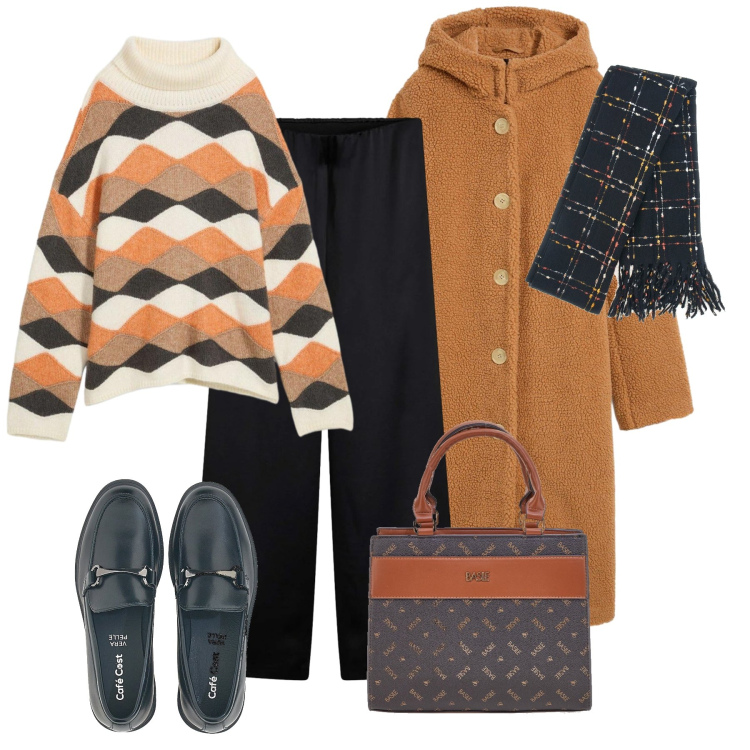 Outfit donna - Maglione morbido in ufficio. Stile Casual chic per Ufficio. Abbinamento con maglieria, pantaloni a palazzo, ecopellicce, mocassini, borse a mano, sciarpe.