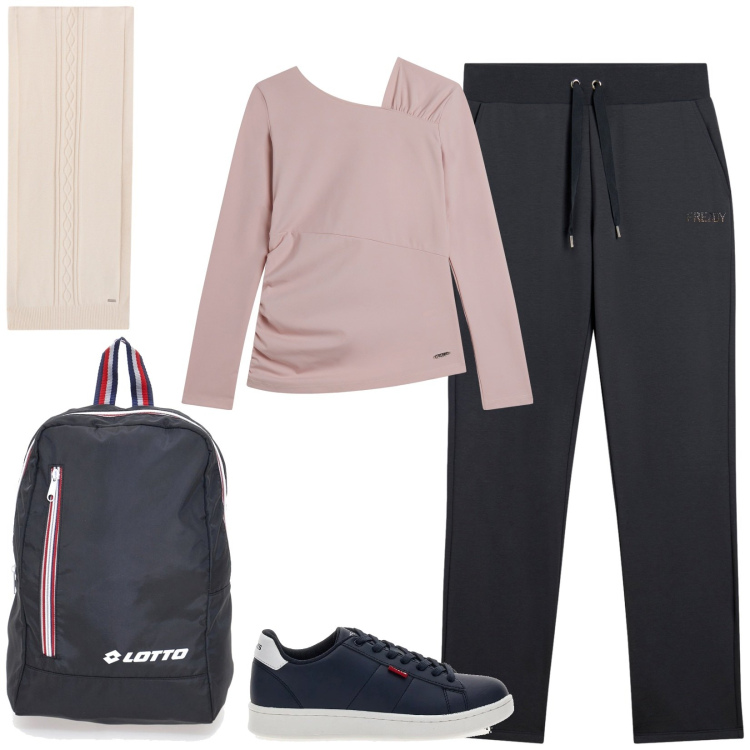 Outfit donna - Total look #2298880. Stile Urban per Sport. Abbinamento con pantaloni, maglieria, sciarpe, borse sportive, sneakers.