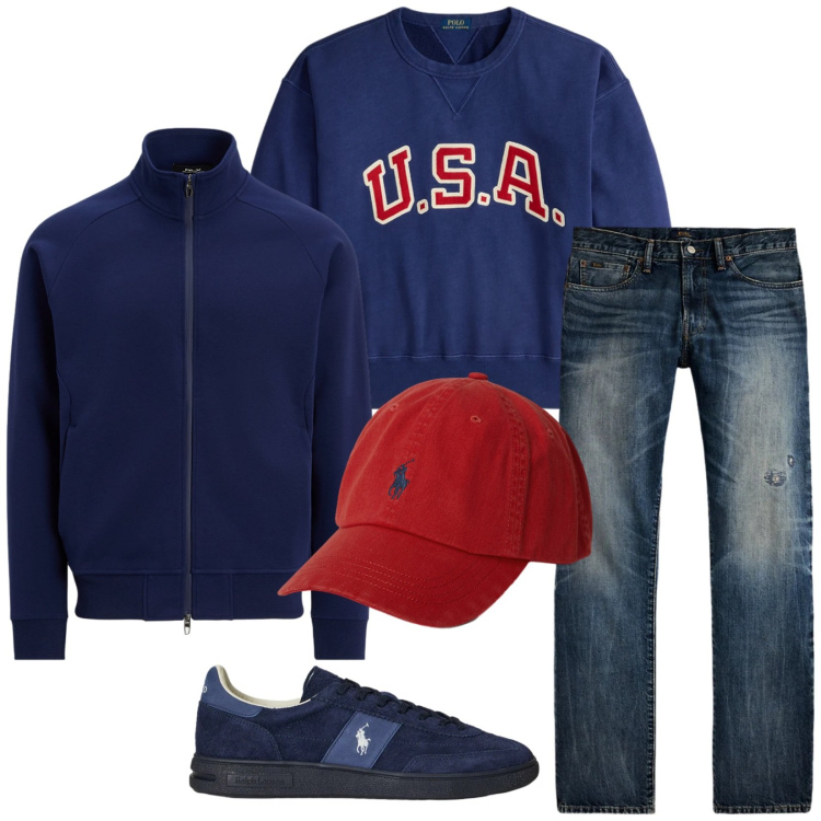 Outfit uomo - Total look #2298882. Stile Urban per Tutti i giorni. Abbinamento con jeans dritti, cappelli con visiera, felpe, sneakers, giacche.