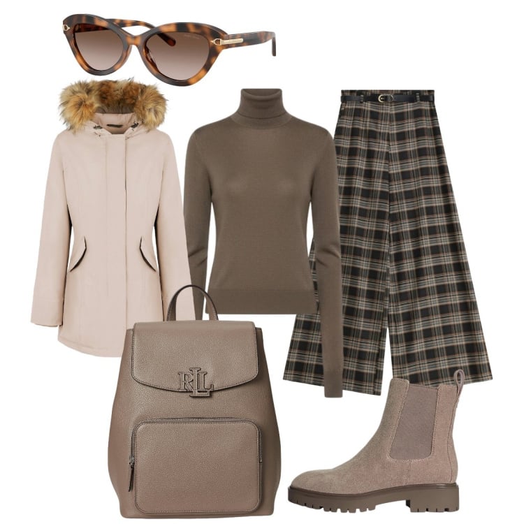 Outfit donna - In partenza. Stile Minimal per Tutti i giorni. Abbinamento con pantaloni a palazzo, stivaletti chelsea, zaini, occhiali da sole, parka, maglieria.