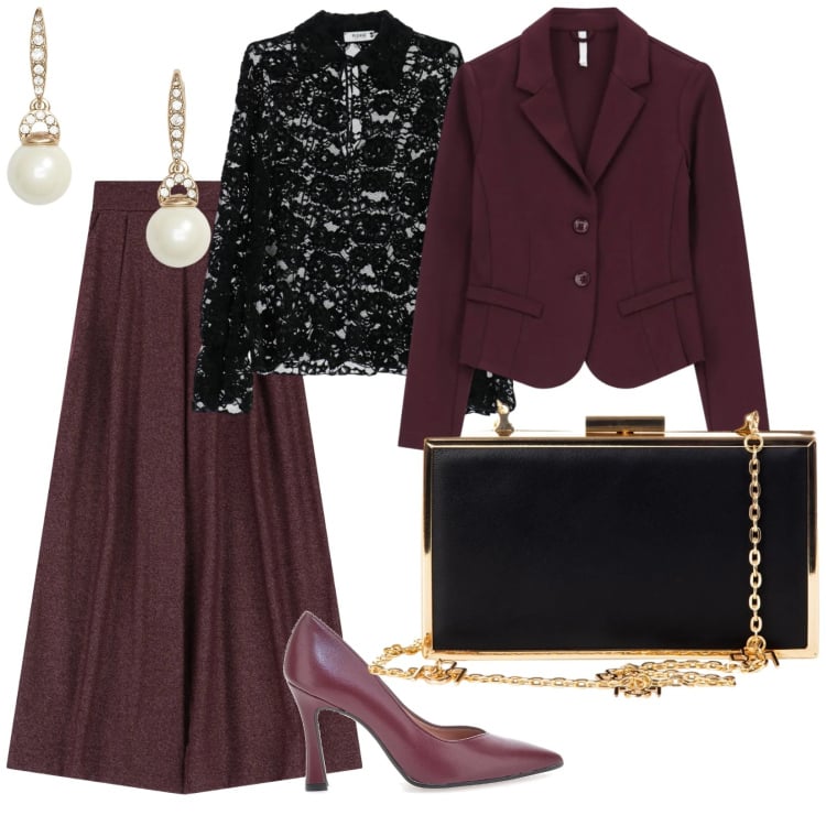 Outfit donna - Cene natalizie. per Serata fuori. Abbinamento con camicie, pantaloni a palazzo, pochette, blazer, orecchini, décolleté.