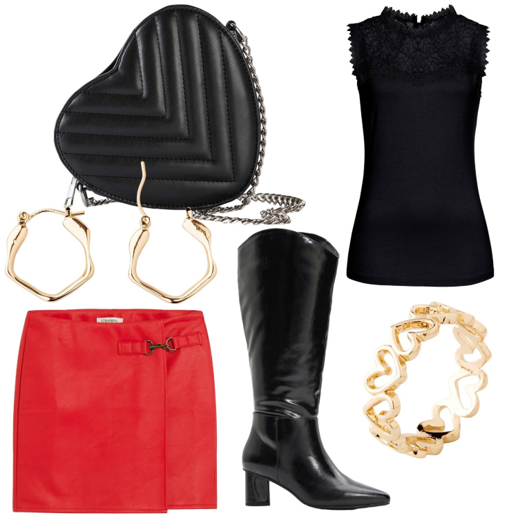 Outfit donna - Total look #2298885. Stile Sexy per Serata fuori. Abbinamento con top, stivali, borse a tracolla, gonne, anelli, orecchini.