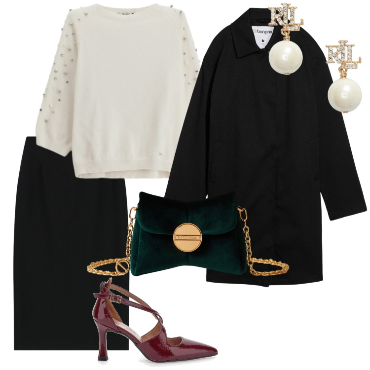 Outfit donna - Colori completi. per Serata fuori. Abbinamento con trench, maglieria, gonne longuette, borse a tracolla, orecchini, décolleté.