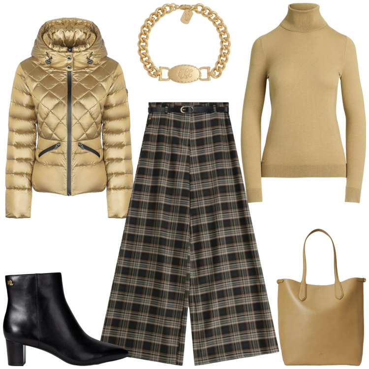 Outfit donna - Total look #2298888. Stile Casual chic per Tutti i giorni. Abbinamento con pantaloni a palazzo, maglieria, stivaletti, braccialetti, borse tote, piumini.