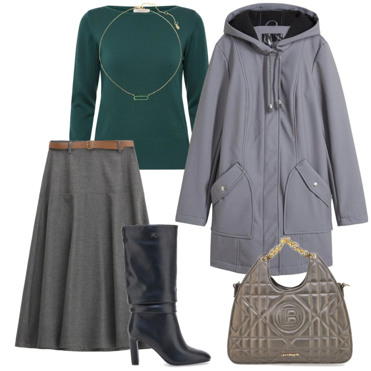 Outfit donna - Oggi piove. per Tutti i giorni. Abbinamento con parka, gonne lunghe, pullovers, collane, borse a mano, stivali.