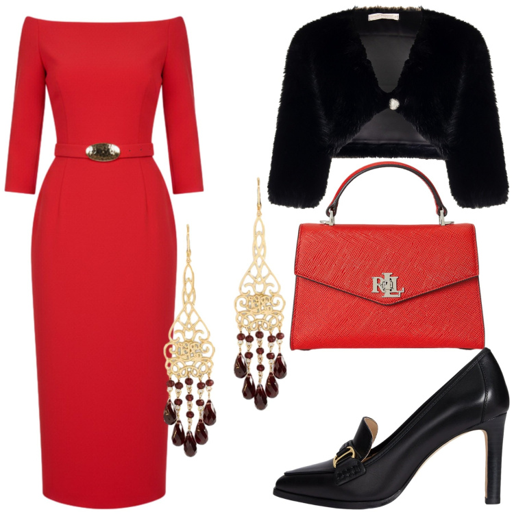 Outfit donna - Party di natale. Stile Chic per Serata fuori. Abbinamento con vestiti midi/longuette, bolero, orecchini, borse a mano, décolleté.