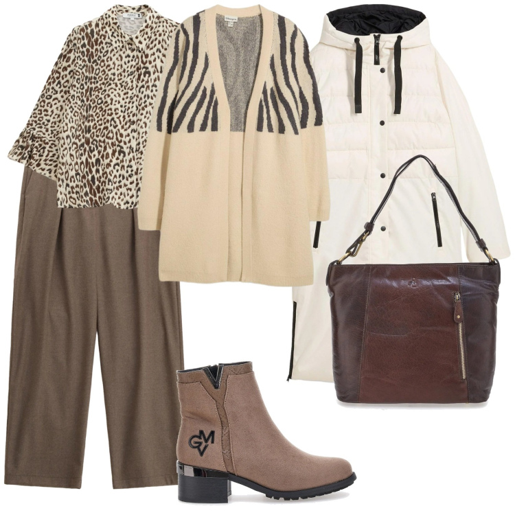 Outfit donna - Al centro commerciale. per Tutti i giorni. Abbinamento con piumini, cardigans, pantaloni, camicie, stivaletti, borse a spalla.