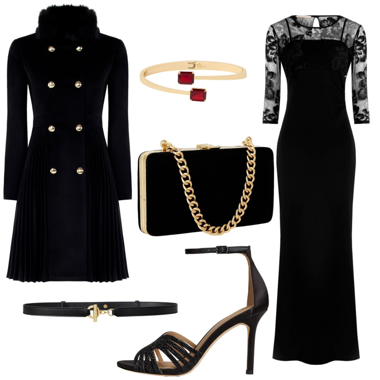 Outfit donna - Total look #2298894. Stile Chic per Serata fuori. Abbinamento con vestiti lunghi, cappotti, braccialetti, clutch, sandali gioiello, cinture.