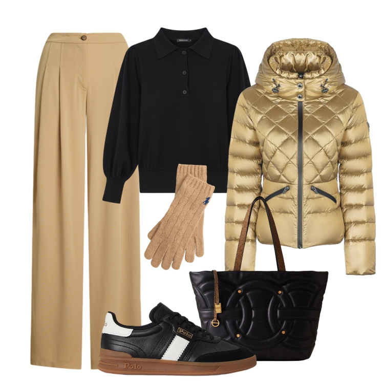 Outfit donna - Pantaloni fluidi. Stile Casual chic per Tutti i giorni. Abbinamento con polo, shopping bag, pantaloni, sneakers, guanti, piumini.