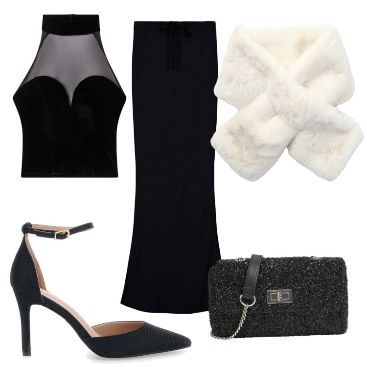 Outfit donna - Night party. Stile Sexy per Serata fuori. Abbinamento con top, gonne lunghe, sciarpe, borse a tracolla, décolleté.