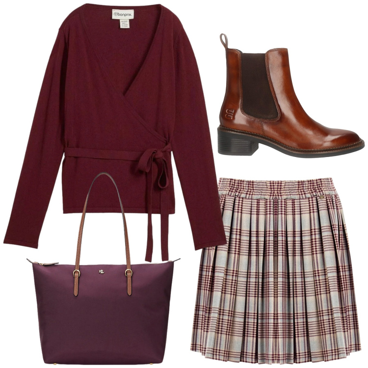 Outfit donna - Colori caldi. Stile Romantica per Tutti i giorni. Abbinamento con cardigans, minigonne, borse tote, stivaletti chelsea.