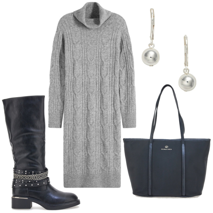 Outfit donna - Il vestito in lana. Stile Urban per Tutti i giorni. Abbinamento con vestiti, orecchini, stivali, borse a spalla.