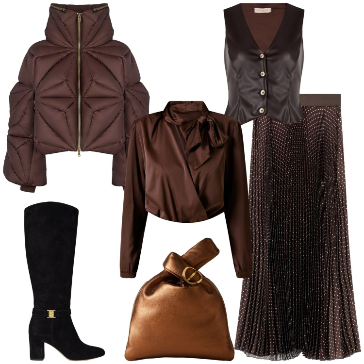 Outfit donna - Total look #2298902. Stile Glamour per Serata fuori. Abbinamento con body, gilet, gonne lunghe, borse a mano, stivali, piumini.