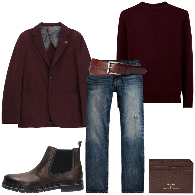 Outfit uomo - Total look #2298903. Stile Urban per Tutti i giorni. Abbinamento con giacche, cinture, portafogli, jeans dritti, maglieria, stivali e stivaletti.