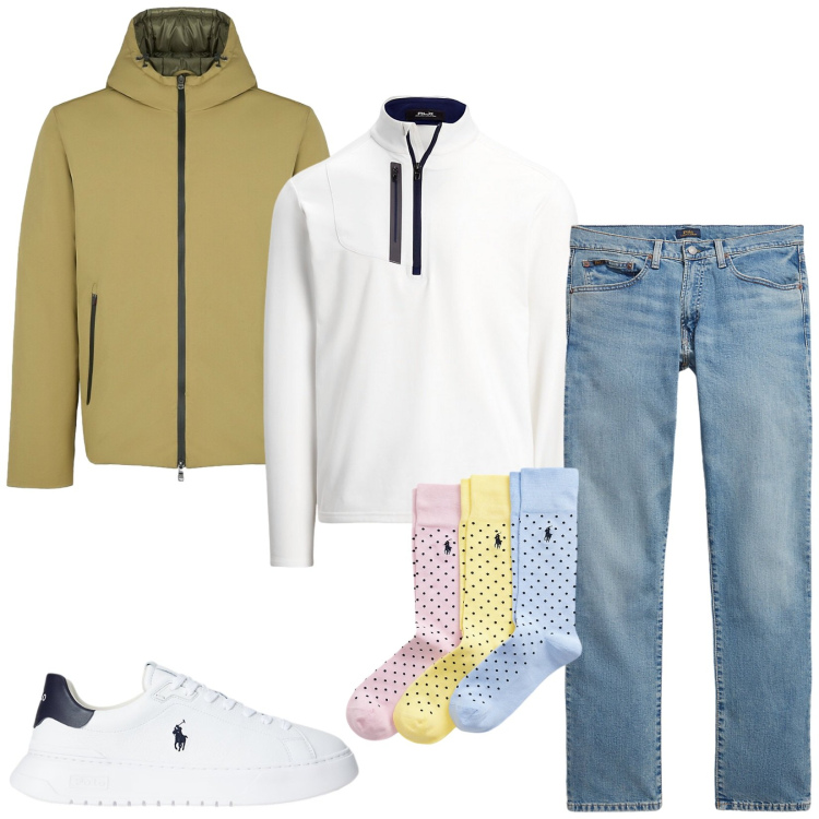 Outfit uomo - Total look #2298904. Stile Trendy per Tutti i giorni. Abbinamento con pullovers, sneakers, jeans, calzini, parka.