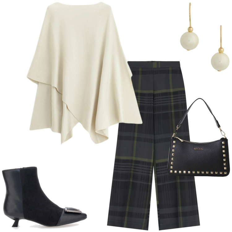 Outfit donna - Casual chic. Stile Glamour per Serata fuori. Abbinamento con maglieria, pochette, pantaloni a palazzo, orecchini, stivaletti.