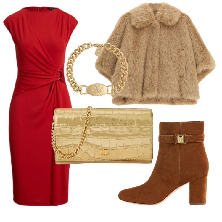 Outfit donna - Il tubino rosso. Stile Chic per Serata fuori. Abbinamento con blazer, vestiti, borse a tracolla, braccialetti, stivaletti.
