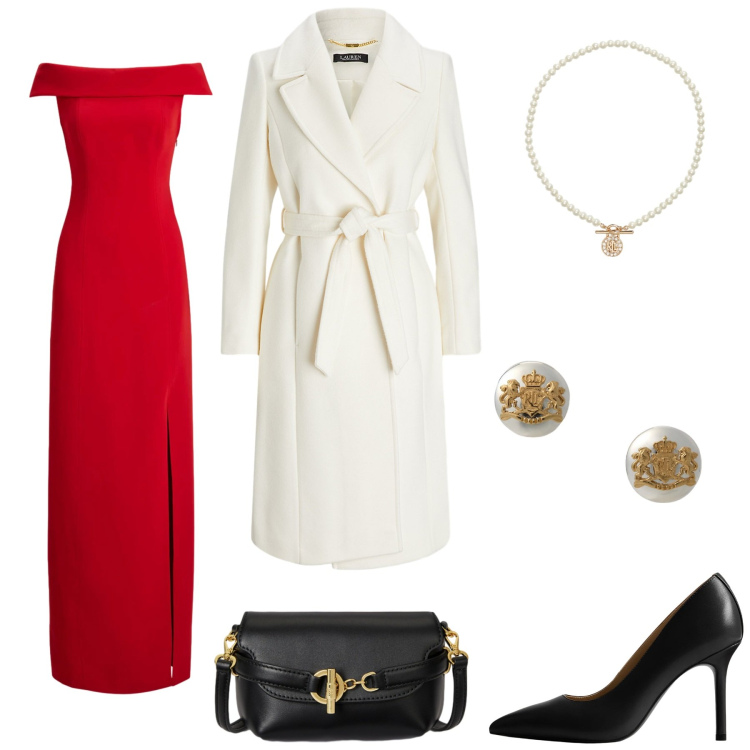 Outfit donna - Brilla con i tessuti che si accendono. Stile Chic per Serata fuori. Abbinamento con cappotti, borse a tracolla, ciondoli, orecchini, vestiti lunghi, décolleté.