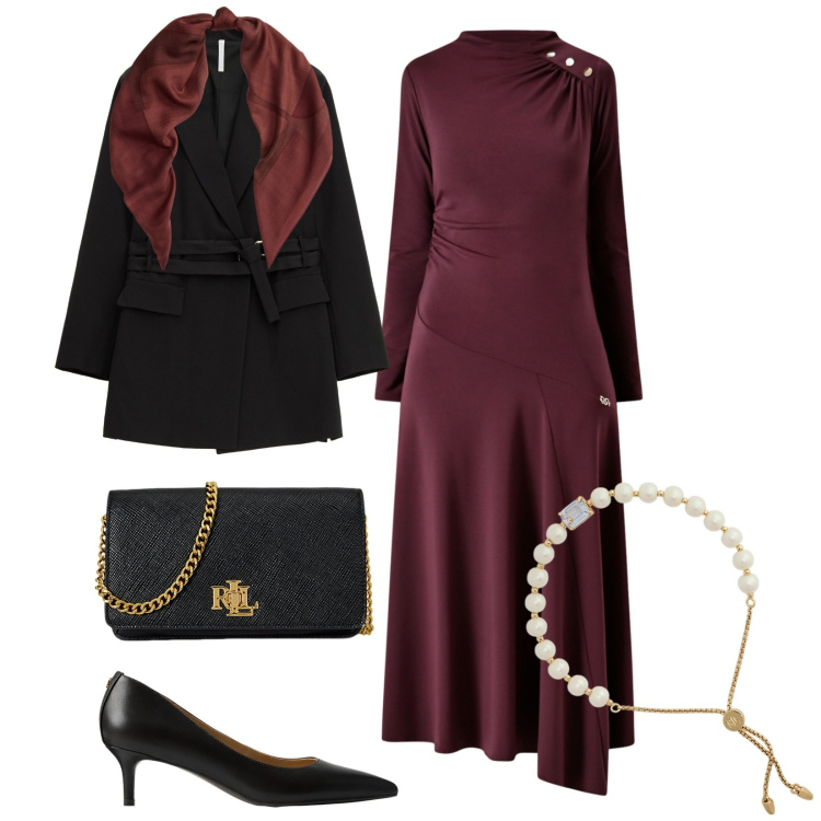Outfit donna - Total look #2298915. Stile Glamour per Cerimonia. Abbinamento con vestiti midi/longuette, blazer, braccialetti, borse a tracolla, sciarpe, décolleté.
